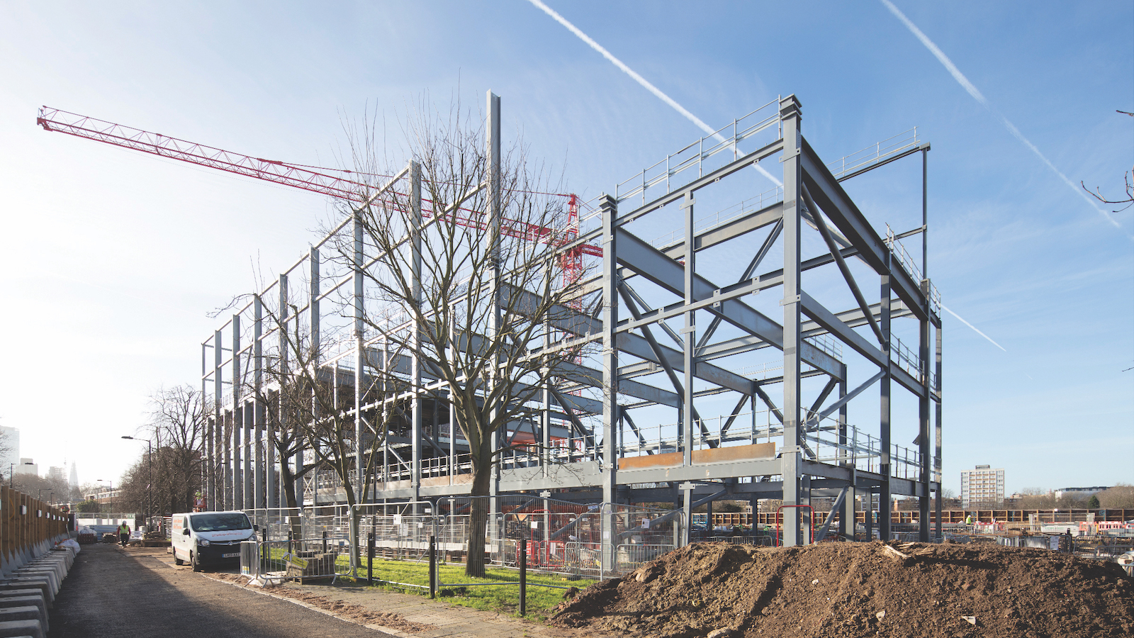 The Britannia Leisure Centre and adjoining City of London Academy are being delivered by Morgan Sindall on a tight site in Hackney. An efficient structural design has maximised space on the limited footprint bordering Shoreditch Park, with some 2,200 tonnes of steelwork erected for both buildings by fabricator Severfield. Photo supplied by New Steel Construction