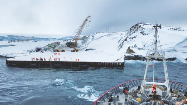 The steel-framed wharf of the new Rothera Research Station in Antarctica was completed late last year. Four-Tees Engineers fabricated 1,000 tonnes of steel in the UK, before shipping it nearly 9,000 miles for assembly on one of the most inhospitable construction sites on earth. BAM Nuttall is main contractor for the British Antarctic Survey project. Photo supplied by New Steel Construction