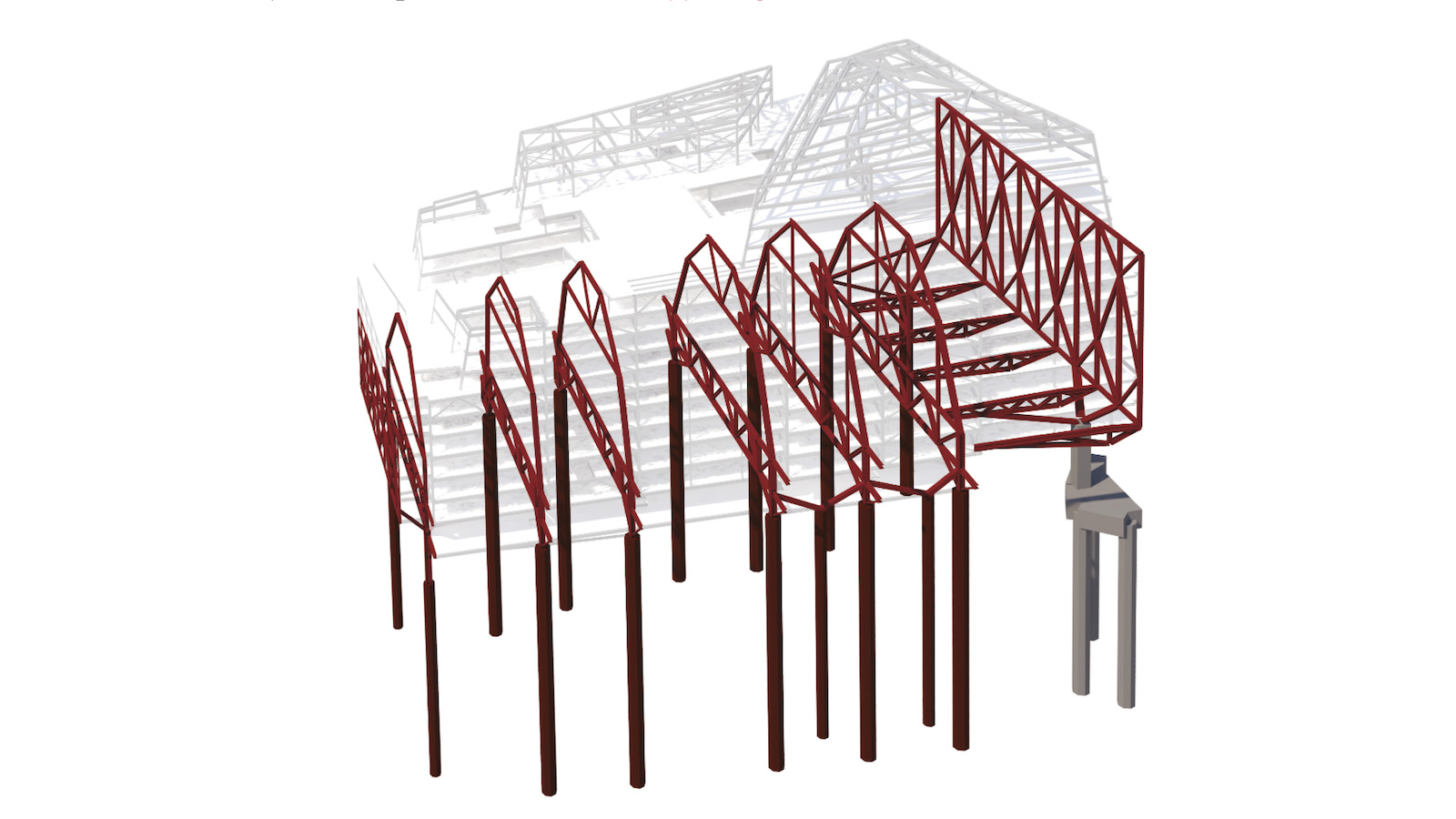 3D model showing the six long-span arches and supporting trusses