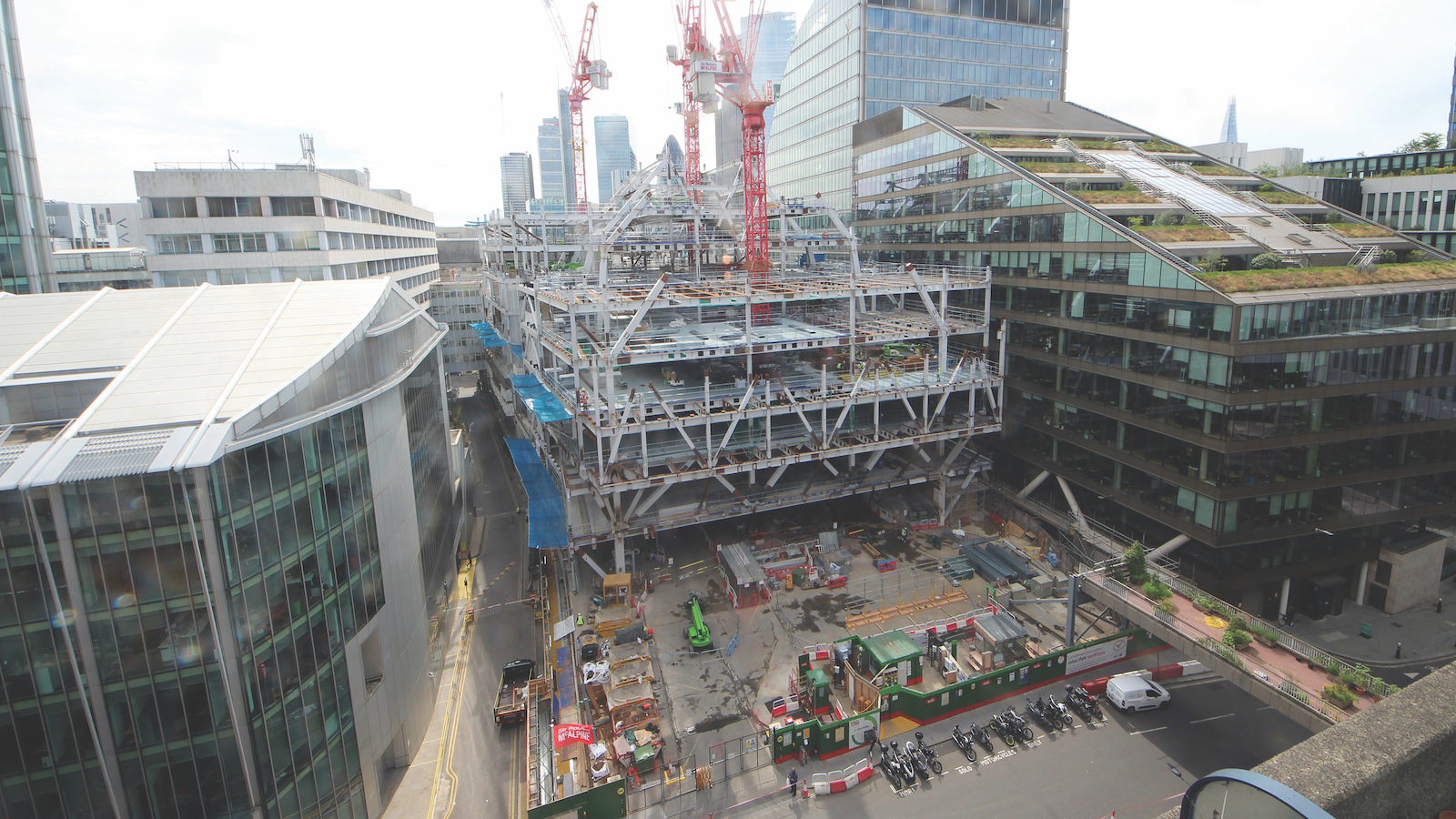 Steel frame erection progress, taken from Moor Lane, to the west of the site