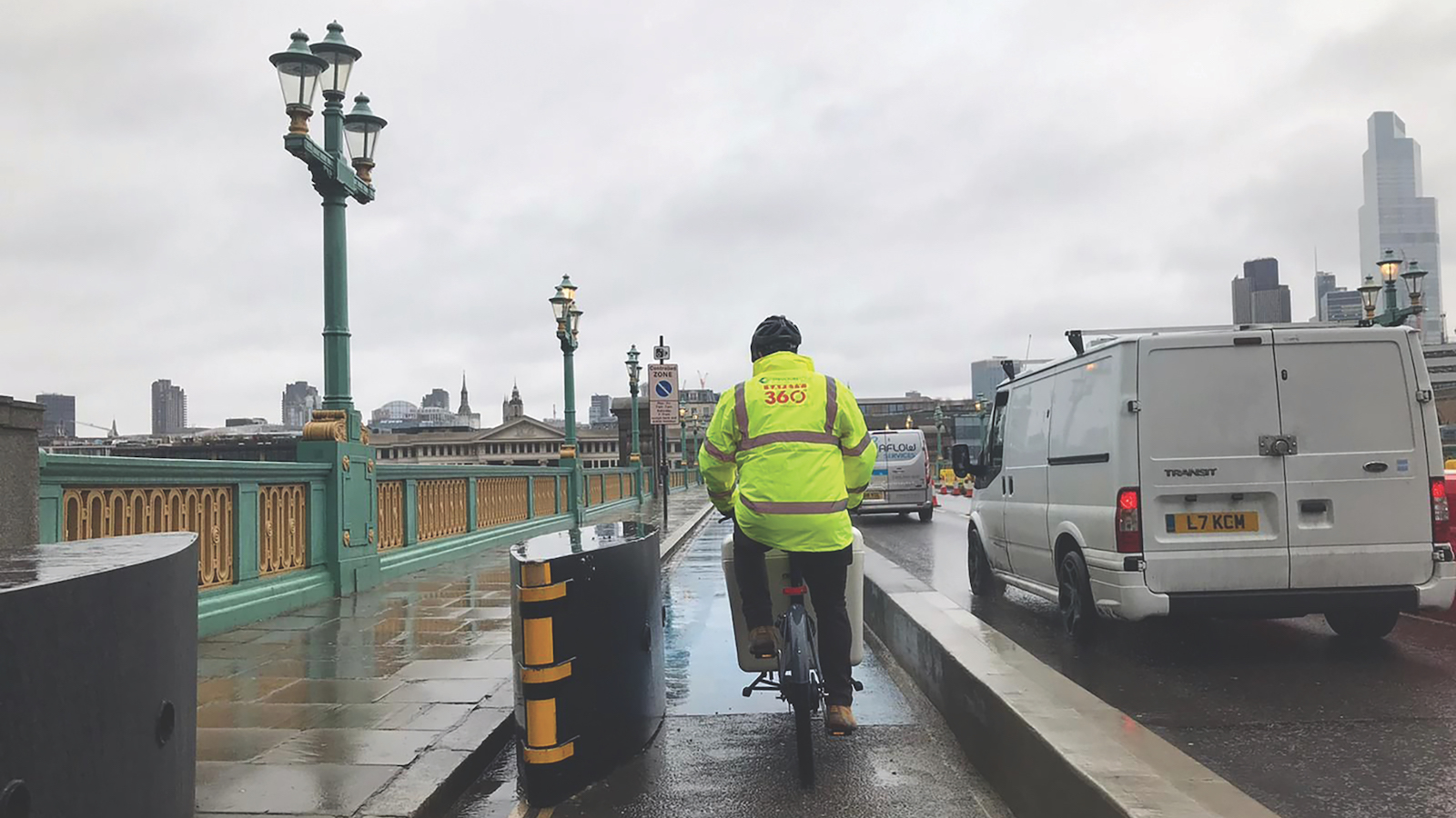 A cargo bike crosses Southwark Bridge