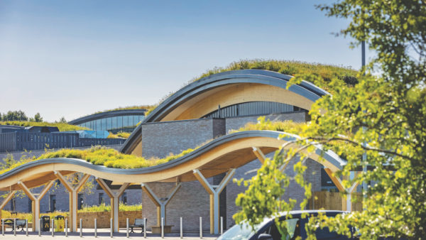 Leeds Skelton Lake Services on the M1 in Yorkshire, which features EV charging using 100% renewable energy, was designed by Corstorphine + Wright and constructed by Morgan Sindall