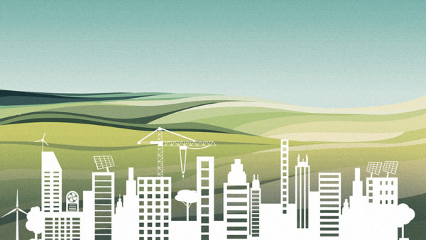 An illustration of a city skyline in a white silhouette against a background of green fields, representing green construction.