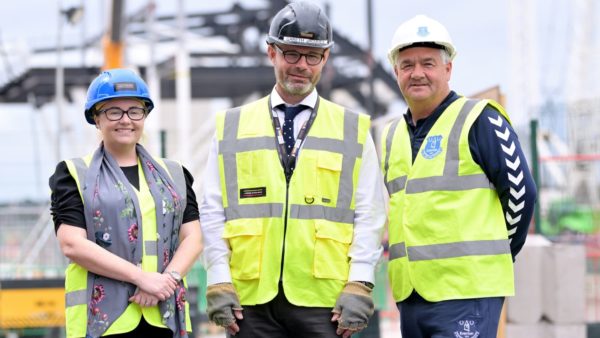 (From L to R): Joanne Abraham - The Learning Foundry, Gareth Jacques - Laing O'Rourke, Ian Snodin, previous Everton player and stadium ambassador pictured at the site of the new Everton stadium.