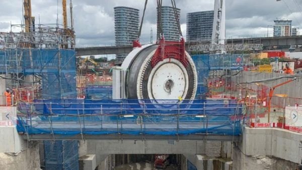 The first tunnel boring machine parts being lowered into the launch chamber at the Silvertown tunnel (Image: TfL)