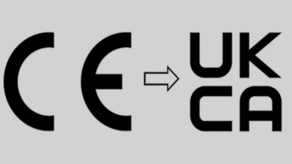 CE logo on the left with an arrow pointing to UKCA