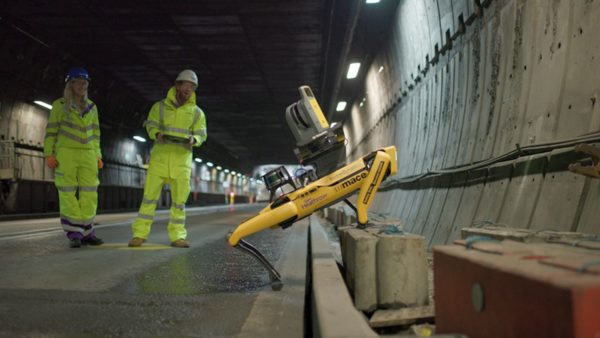 Mace workers put 'Dave' the robot dog through its paves at Heathrow Airport (Image courtesy of Mace)