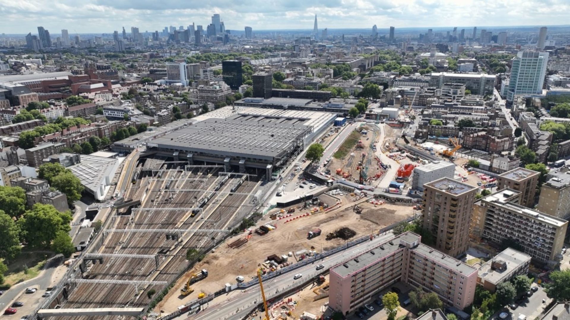 Aerial view of works in Euston station in London.