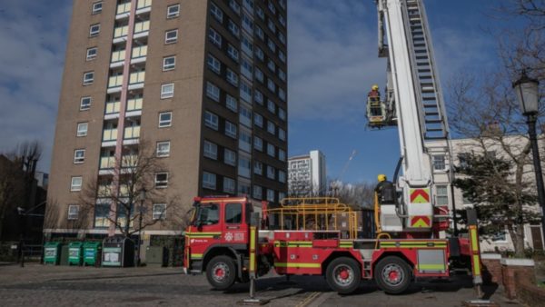 A fire engine and a block of flats