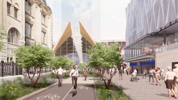 A design of a station with a cycle lane, people and trees outside.