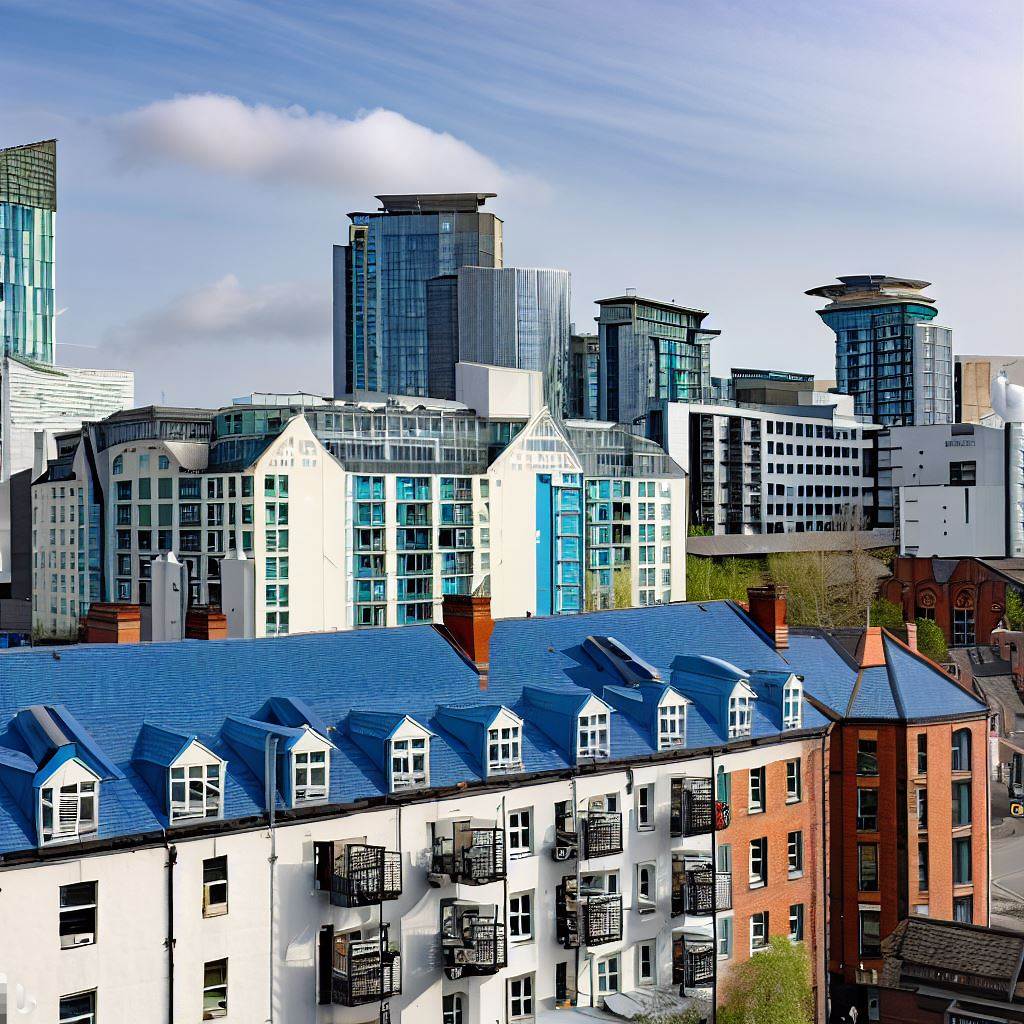 AI retrofit - A view of blocks of flats with blue roofs.