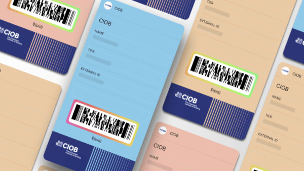 CIOB membership cards of different colours with barcodes and empty fields.