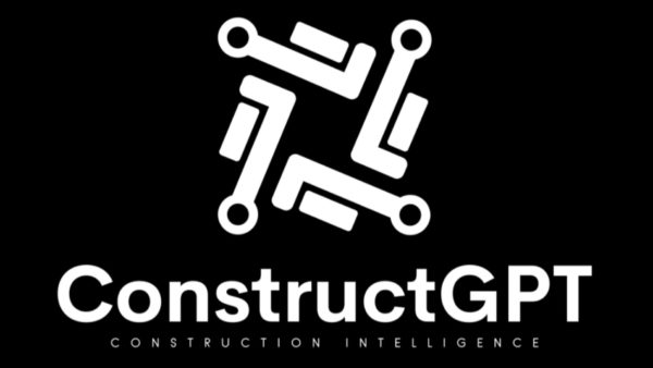 A black background with white words saying ConstructGPT - Construction Intelligence and a logo resembling a square done with tools above it.