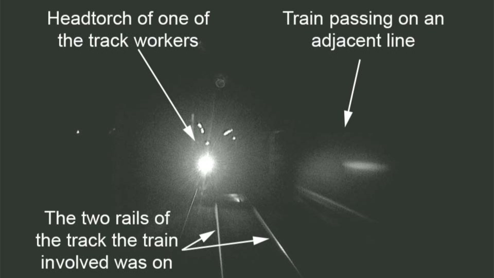 Rail workers train collision - An image of CCTV showing a train head in the dark.