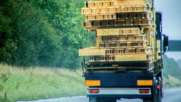 An articulated lorry carrying timber on a motorway.