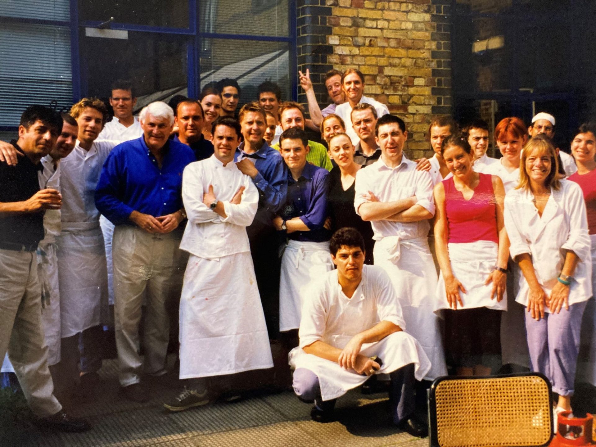Tony Winch (fourth left) alongside a young Jamie Oliver (third left) on completion of their work at the River Café.