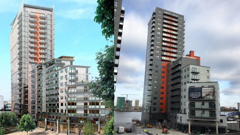 A CGI of a block of flats and an actual block of flats, side by side.
