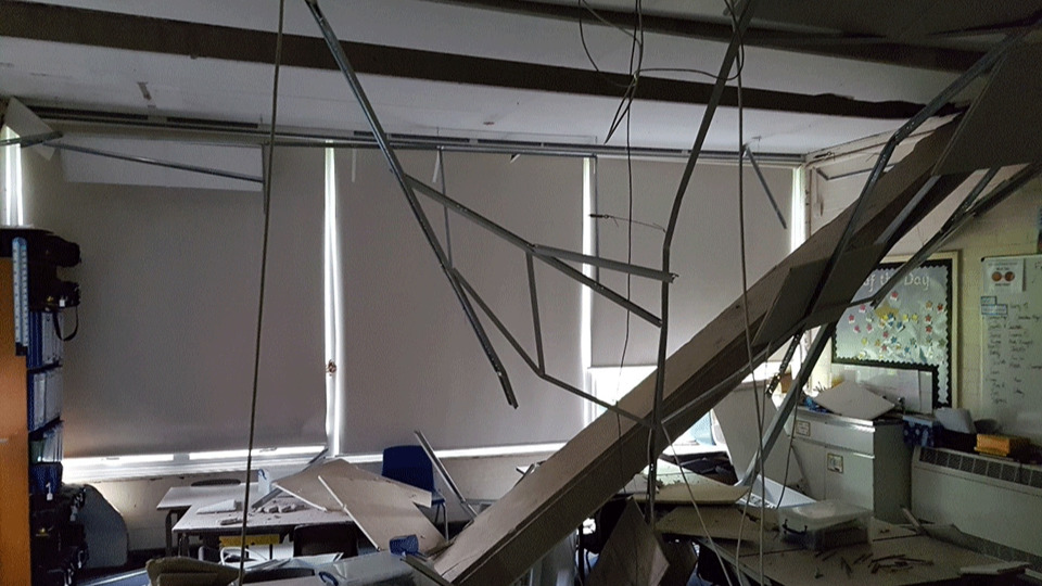 PAC RAAC schools - A classroom where the ceiling has collapsed.