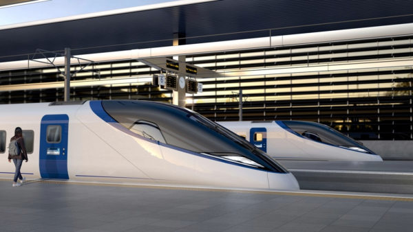 An artist impression of two high-speed trains at a platform.