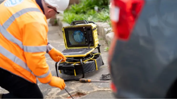 Engineers using camera equipment to inspect a sewer.