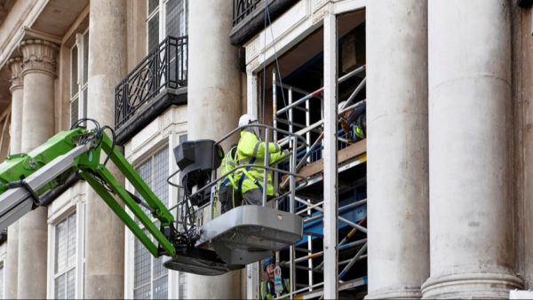Associated Steel Window Services used a mobile elevated working platform to remove windows from Whiteleys.