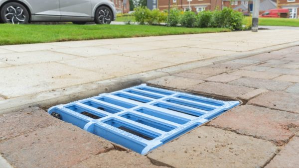 A blue gully grate that Barrat and Wrekin have installed at a housing developing as part of ‘The Sea Starts Here’ campaign.