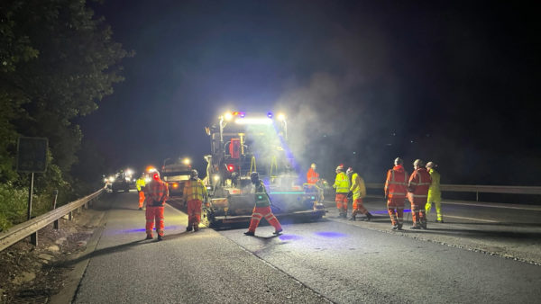 The trial material is laid on the M11 at night.