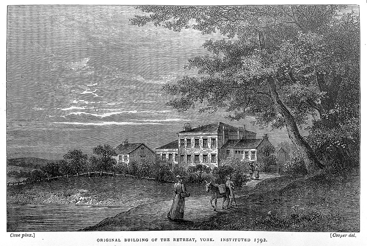 Black and white engraving of the original Retreat building.