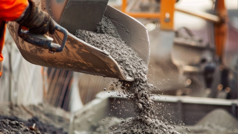 Low-carbon concrete - A large mixing machine combining aggregates cement and water for concrete mix. 