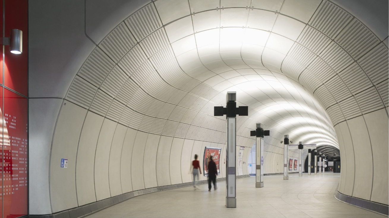 A passenger tunnel inside the Elizabeth Line - the project has won the 2024 RIBA Stirling Prize