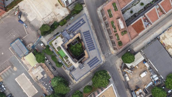 Aerial view of Smoke House and Curing House in Remus Road, east London - lawyers explain how a roof garden transformed a building into a higher-risk building.