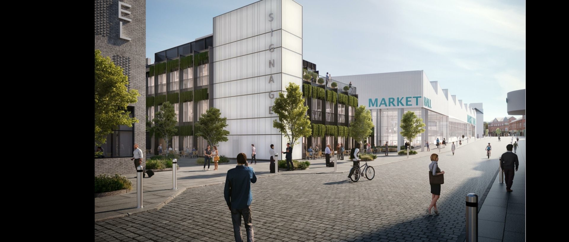 A computer-generated image of the new Wigan market place, wiht a bit white block at the front and a market facility at the back. Galliford Try is due to start building the market in mid-October.