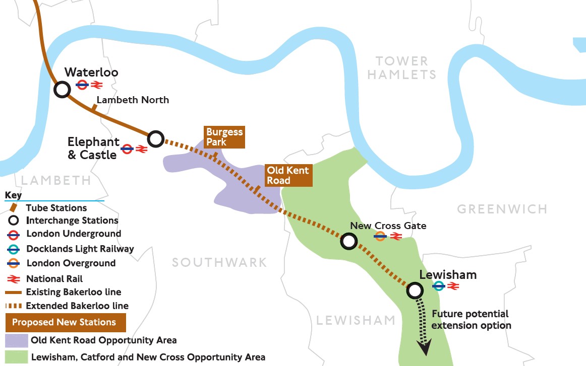 A map of the proposed Bakerloo Line extensio to the south east of the capital, where it would finish in Lewisham.