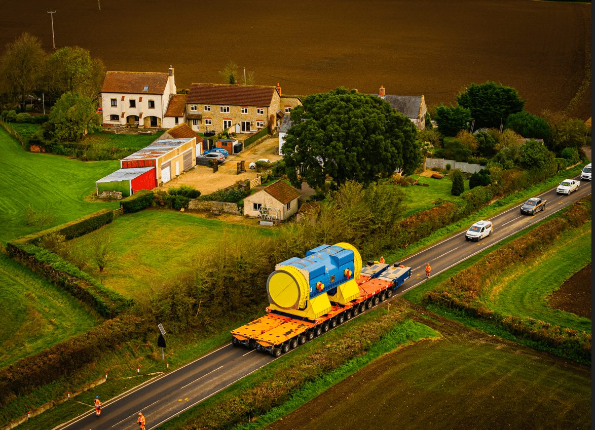 The new stator generator arriving at Hinkley Point C by road.