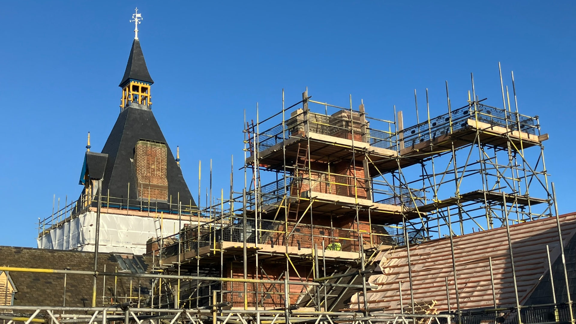 The roof of the West Bromwich Town Hall with scaffolding - Morgan Sindall Construction revitalises historic West Bromwich Town Hall and Library