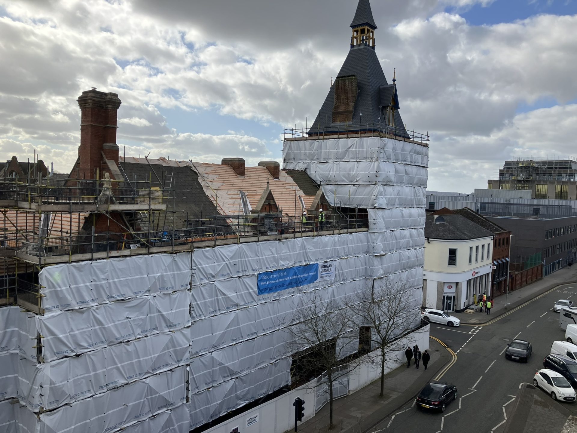 Scaffolding wrapped around the West Bromwich Town Hall and Library - Morgan Sindall Construction revitalises historic West Bromwich Town Hall and Library