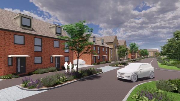 Computer generated image of the new wellbeing village that Wates will build in Cardiff. It shows a row of brick detached houses, a white car and a white silhouette of a family.