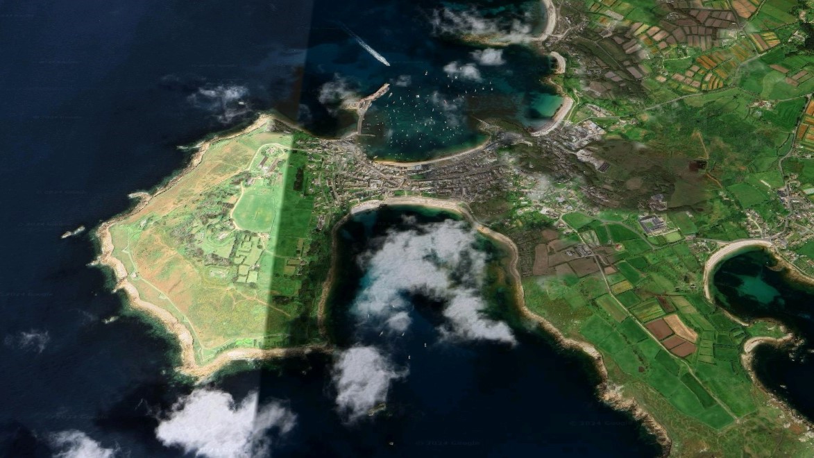 Isles of Scilly aerial shot showing Hugh Town on the isthmus of St Mary's (image: Google).