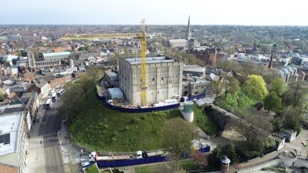 Aerial view of Norwich Castle and the giant crane that's been there for four years - Morgan Sindall has started dismantling it