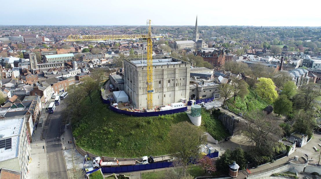 Morgan Sindall Norwich Castle - Aerial view of Norwich Castle and the giant crane that's been there for four years - Morgan Sindall has started dismantling it