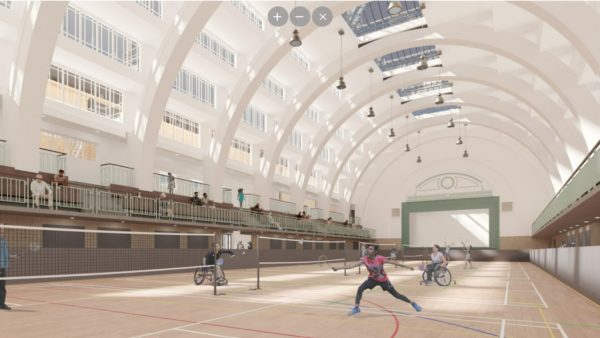 A computer-generated image of the sports facility that Willmott Dixon will build in the Seymour Centre. It's very ample, with high ceilings with glass.