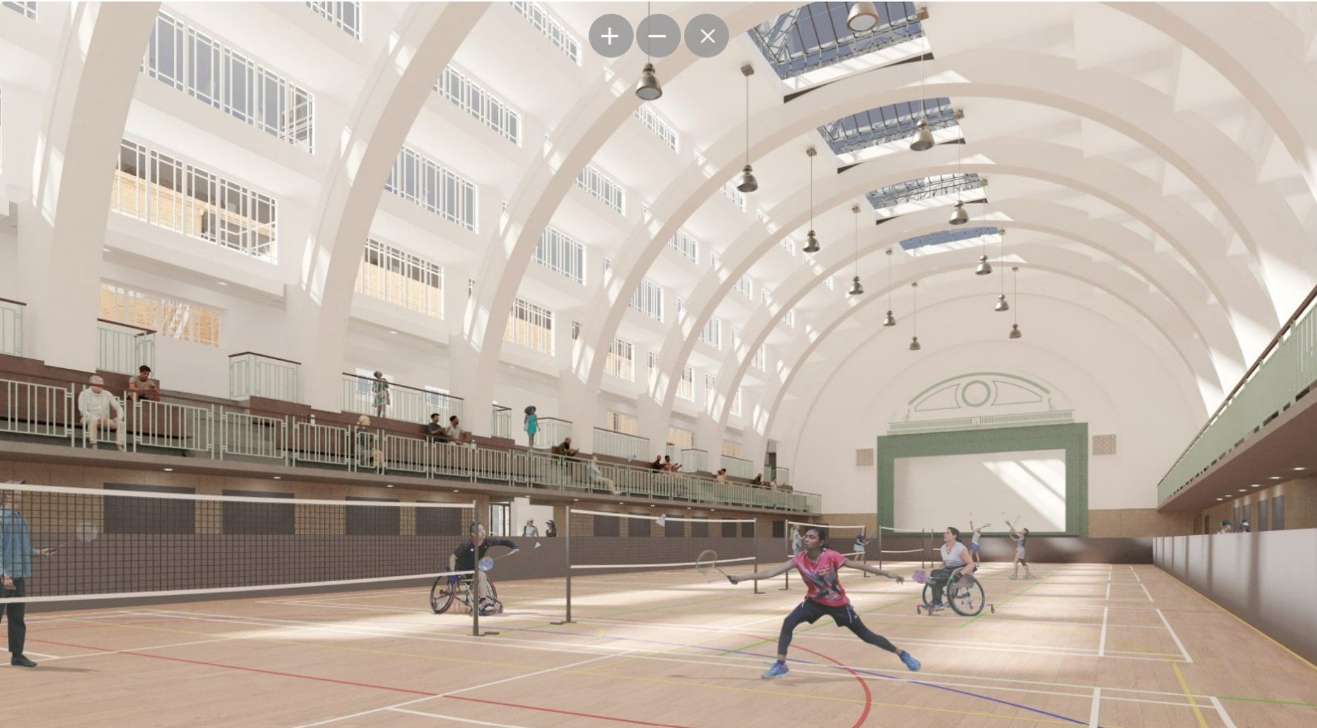 A computer-generated image of the sports facility that Willmott Dixon will build in the Seymour Centre. It's very ample, with high ceilings with glass.