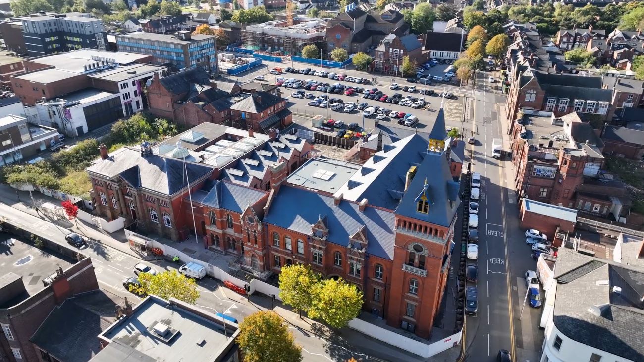 Aerial view of the West Bromwich Town Hall and Library - The roof of the West Bromwich Town Hall with scaffolding - Morgan Sindall Construction revitalises historic West Bromwich Town Hall and Library