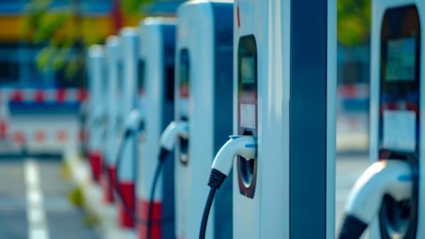 A row of electric vehicle charging stations on a city street. A new CLC report backed by Balfour Beatty is making recommendations for the uptake of electric vehicles.