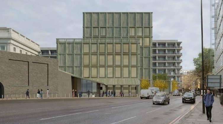 A computer-generated image of the proposed Cultural Exchange Building seen from East Smithfield. The Chinese Embassy planning application has been rejected by Tower Hamlets Council for a second time.