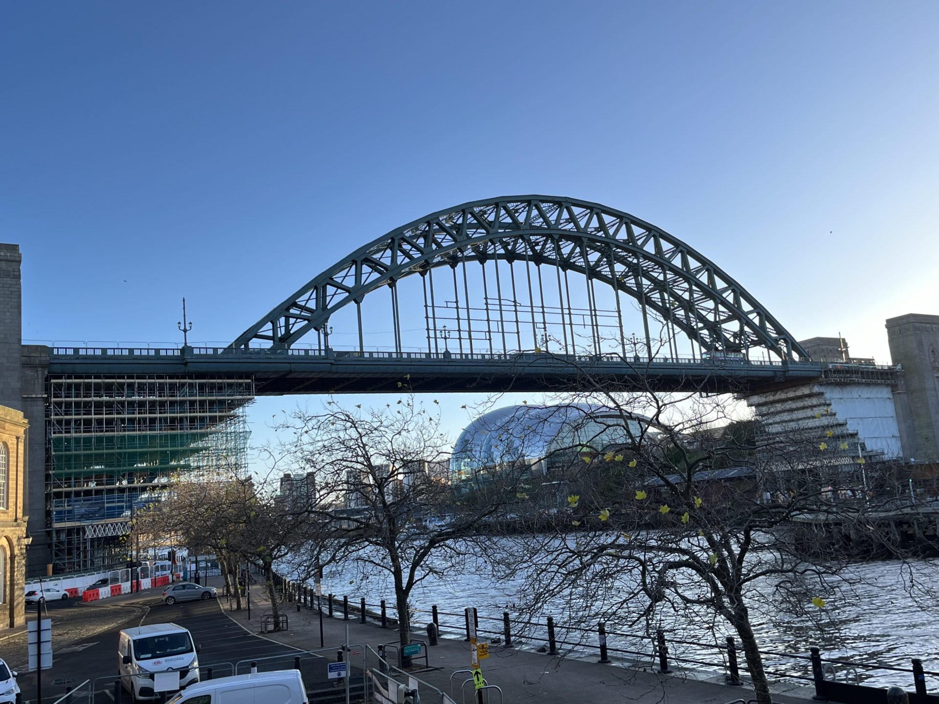 View of Tyne Bridge with an underdeck scaffold structure 