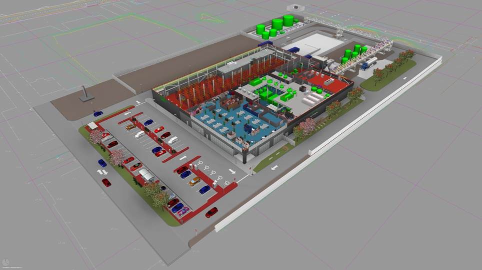 A computer-generated image of the commercial plant designed by WSP - The consulting company has completed a feasibility study on cutting-edge magnet rare earth recycling facility for Ionic Technologies.