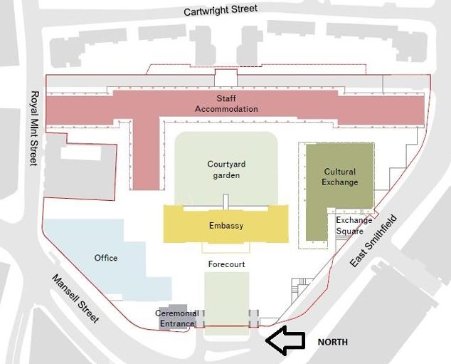 A map of the proposed embassy layout, which includes the embassy building in the centre and staff accommodation at the back.