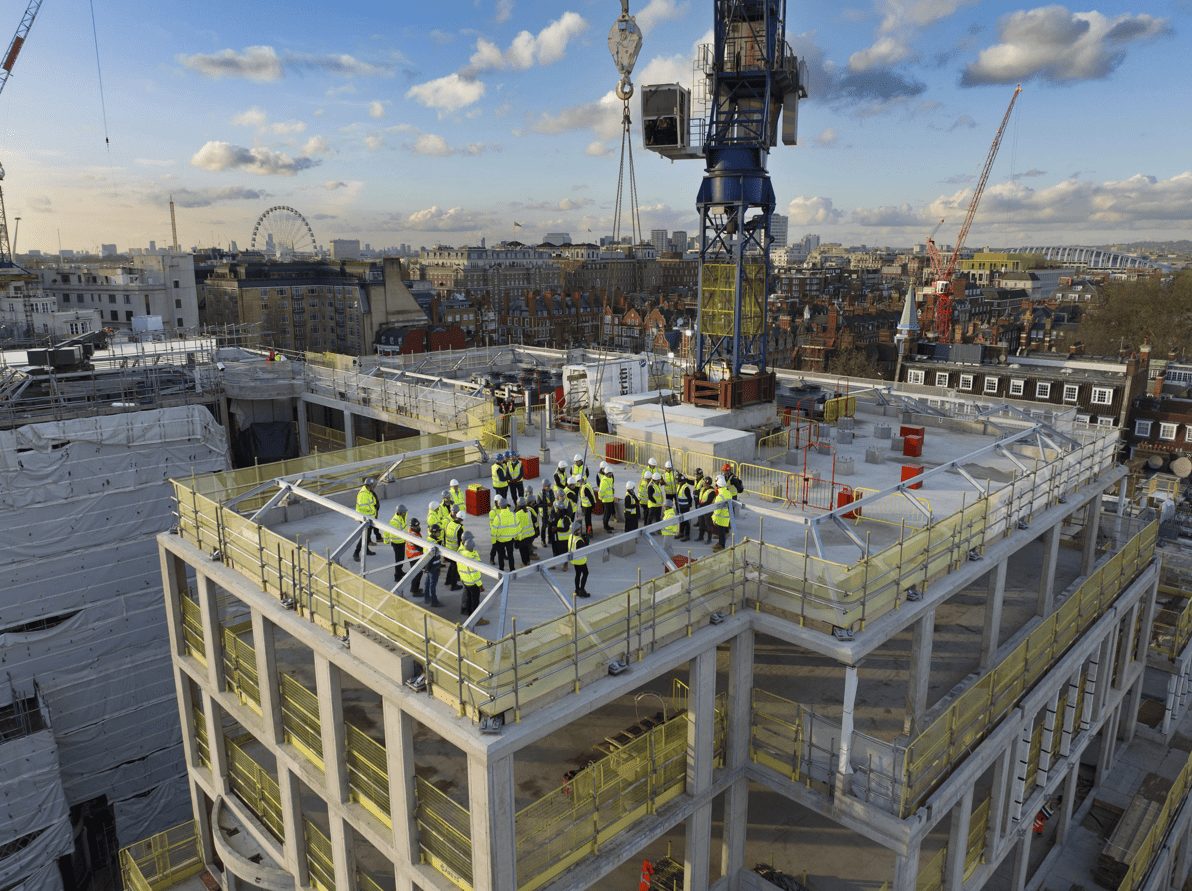 Aerial view of the topping out ceremony at the world's most prestigious residential scheme that Mace is building in London's Mayfair.