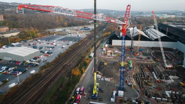 Aerial view of one of the Wolff 355 B Luffing Jib cranes that Vinci Building has bought for its Sheffield Forgemasters project.